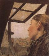 Laurits Andersen Ring Girl looking out of a Skylight oil painting on canvas